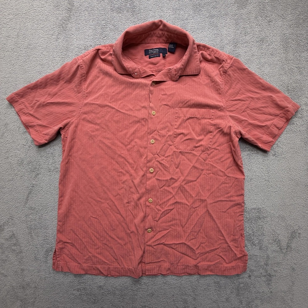 Nat Nast 100% Silk Shirt Mens Large‎ Coral American Fit Camp Short Sleeve Button